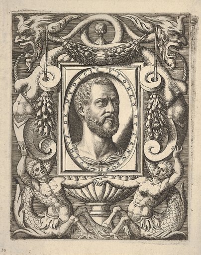 Bust portrait of Cosimo I de' Medici, in an oval frame set within a rectangular plaque, surrounded by fantastical ornament
