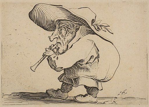 Le Joueur de Flageolet (The Flageolet Player), from "Varie Figure Gobbi, suite appelée aussi Les Bossus, Les Pygmées, Les Nains Grotesques" (Various Hunchbacked Figures, The Hunchbacks, The Pygmes, The Grotesque Dwarfs)
