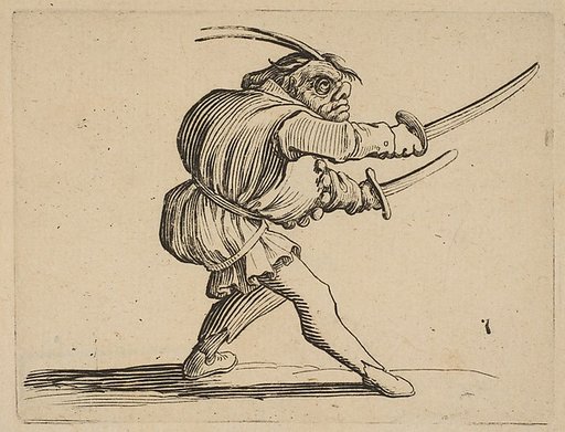 The Duelliste aux Deux Sabres (The Duelist with Two Sabres), from "Varie Figure Gobbi, suite appelée aussi Les Bossus, Les Pygmées, Les Nains Grotesques" (Various Hunchbacked Figures, The Hunchbacks, The Pygmes, The Grotesque Dwarfs)