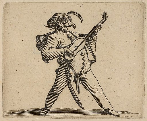 Le Comédien Masqué Jouant de la Guitare (The Masked Comedian Playing the Guitar), from "Varie Figure Gobbi, suite appelée aussi Les Bossus, Les Pygmées, Les Nains Grotesques" (Various Hunchbacked Figures, The Hunchbacks, The Pygmes, The Grotesque Dwarfs)