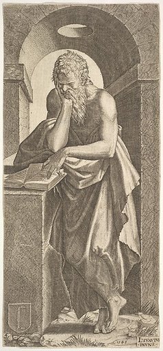 St. Simon standing before an open book with the fingers of his left hand pressed onto the pages, from "Christ and the Twelve Apostles"