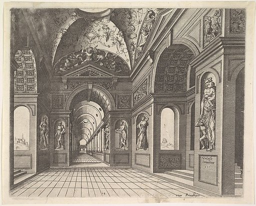 Perspective view of the interior of a hall, with cross-vault decorated with grotesques, plate 18 from "Scenographiae sive Perspectivae"