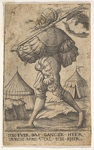 Halberdier walking left and carrying a halberd over his left shoulder, two tents beyond, from "Twelve soldiers of different ranks"