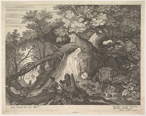 A man holding a staff and seated on a tree trunk; with two goats to either side; surrounded by downed trees, foliage, and a stream, from "Six Landscapes"