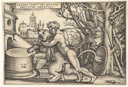 Hercules, in profile, killing the Nemean lion with his arm around its neck, from "The Labors of Hercules"