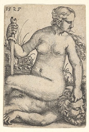 Judith, looking towards the right, seated nude atop the dead body of Holofernes, with a sword in her right hand and the head of Holofernes in her left hand