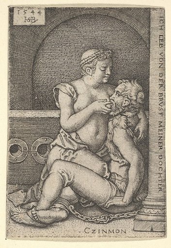 Cimon seated against a column at right, suckling from Pero who is kneeling next to him