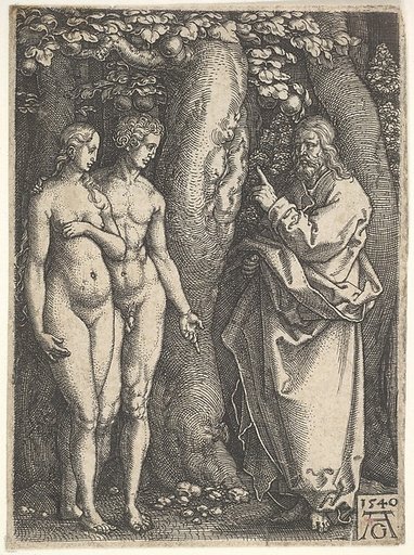 God at right forbidding the nude Adam and Eve at left to eat from the tree of knowledge in center, from "Adam and Eve"