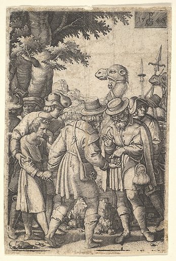 Joseph sold to the merchants: a bearded man grasping Joseph with his left hand receives coins in his right hand, from "The Story of Joseph"