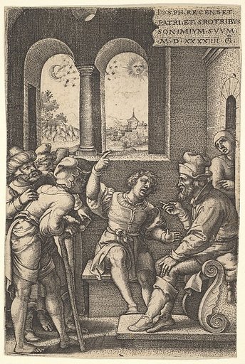 Joseph explains his dream to his brothers and father in an interior setting; the sun, moon, and stars above a landscape in the portal beyond, from "The Story of Joseph"