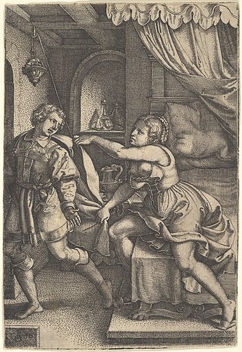 Joseph strides away from Potiphar's wife, who clutches his cloak with both hands as she straddles the corner of a bed, from "The Story of Joseph"