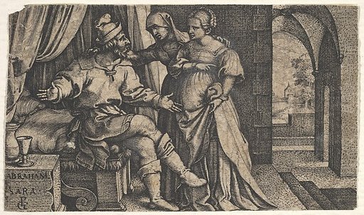 Sarah presenting Hagar to Abraham, who sits at the foot of a bed, from "The Story of Abraham"