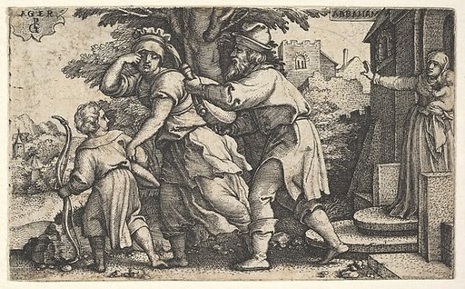 Abraham sending away Hagar and Ishmael: Abraham holds forth a vessel as Hagar and Ishmael stride before him, from "The Story of Abraham"