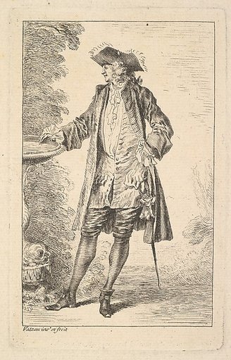 Standing man with his right hand resting on a basin, shown in three-quarters view with his head turned toward the left, from "Figures of Fashion" (Figures de Modes)