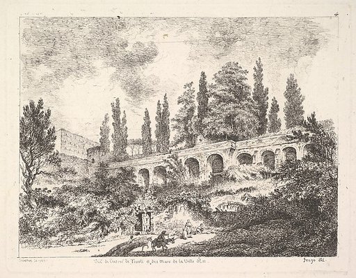 View of the entrance to Tivoli and the walls of the Villa d'Este, horsemen approaching the entrance at bottom center, arched entrance in the middleground, cyrus trees and other plants surrounding