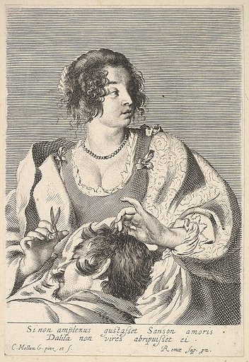 Delilah preparing to cut Samson's hair with scissors in her right hand, below her chest are the head and shoulders of the sleeping Samson