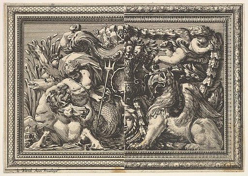 Design for a Panel with Two Variants containing a Hippocamp and a Griffin, from "Ornements de panneaux à la romaine"