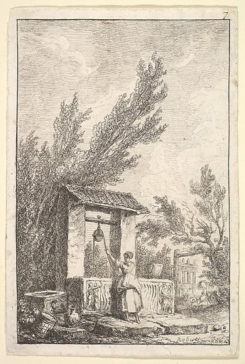 Plate 7: The Well: a young woman in center, seen from behind, drawing water from a well that is decorated with reliefs from an ancient sarcophagus, from "Les soirées de Rome"