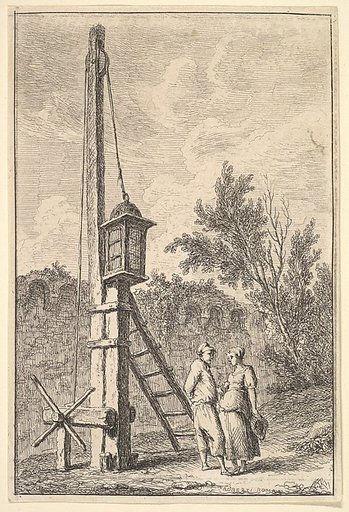 Plate 9: The Pulley: a man and a woman conversing to right, a lantern hung on a post to left, from "Les soirées de Rome"