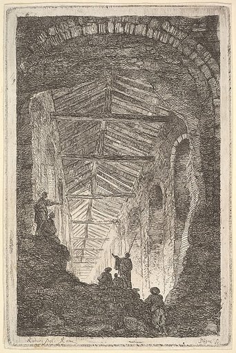 Plate 10: The Ancient Gallery: a large covered gallery, light entering from the background, six figures standing atop piles of rocks in the foreground, from "Les soirées de Rome"