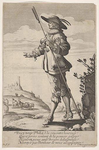 A shepherd holding a crook in his left hand and walking with a hill, a town and goats in the distance at left