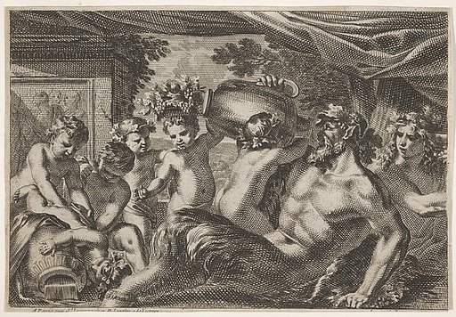 Design for a Panel with a Satyr Drinking from a Vase held up by a Putti, from "Feuillages et autres ornements"