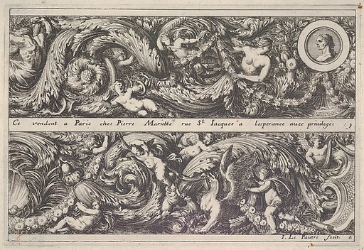 Two Designs for Friezes, of which one has a Round Portrait Medaillon, from "Frises, feuillages ou tritons marins antiques et modernes"