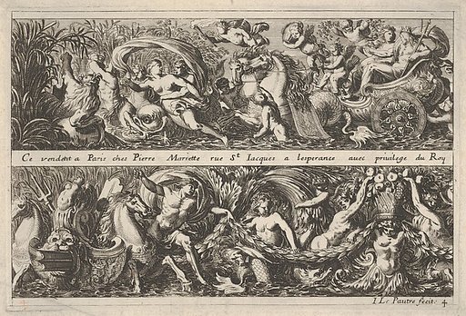 Two Designs for Frieze Decorations with Sea Creatures, of which one features Neptune and Amphitrite, from "Frises, feuillages ou tritons marins antiques et modernes"
