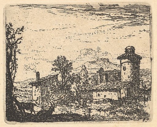 Landscape with two horned goats in shadow at left foreground, village buildings beyond, from "The Small Landscapes"