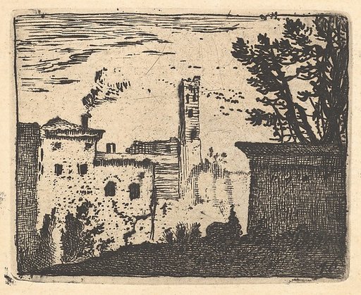 Townscape with wall and foliage in shadow in right foreground, buildings with smoking chimney and square tower beyond, from "The Small Landscapes"
