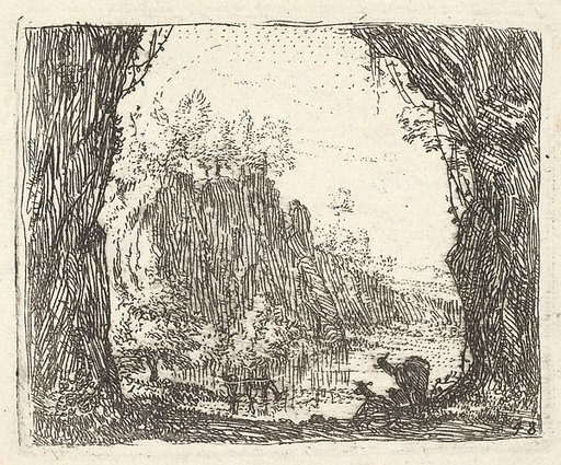 Landscape flanked by trees in the left and right foreground, silhouettes of two goats, a river with cliffs beyond, from "The Small Landscapes"