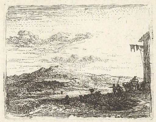 Landscape with corner of building and awning at far right, two figures and a horse-drawn cart are positioned with backs toward the building, a craggy hill beyond, from "The Small Landscapes"
