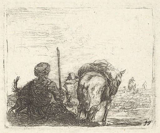Pack-horse, seated man with staff in right hand, and dog, all viewed from the rear, from "The Small Landscapes"