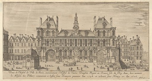 View of the façade of the Hôtel de Ville, Paris, in the foreground a cross on a stepped platform and a freestanding domed building