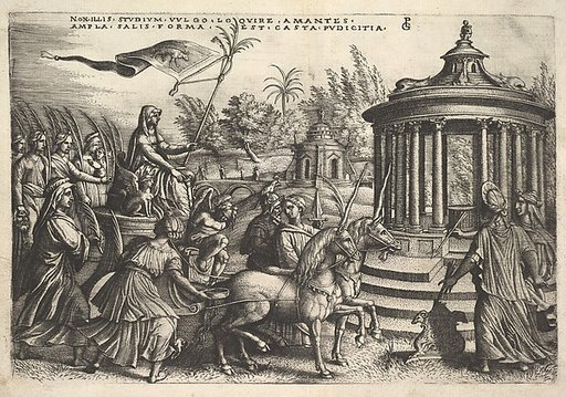 Triumph of Chastity: unicorns draw a carriage bearing a female figure seated next to a sphinx and holding a standard, Vestal virgins walk behind the carriage, round temple of Vesta at right, from "The Triumphs of Petrarch"