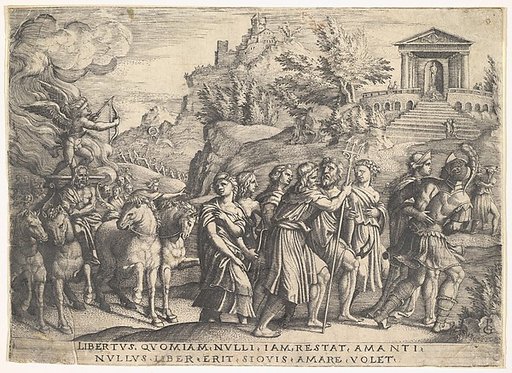 Triumph of Love: four horses draw a carriage with Cupid standing upon a smoking platform, preceded by gods and goddesses on foot, a temple with gabled pediment at crest of hill beyond, from "The Triumphs of Petrarch"
