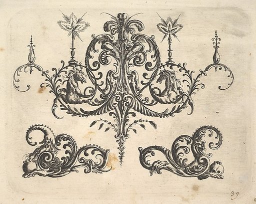 A fantastic chandelier with burning candles and arabesques, some ending in fantastic horse forms, from "Neue Grotessken Buch"
