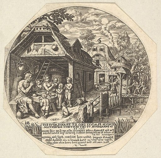 Enoch and his family surrounding a meal table and holding their hands in a gesture of prayer; behind them is the open end of house; to the right a woman hands out bread to a child, young man, and old man