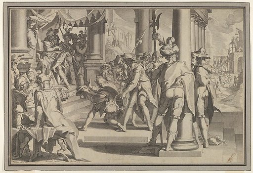 Allegory of Justice (Sanctity of the Law) with a court scene depicting a man being pardoned by a judge, plate XII from "Thronus Justitiae, tredecim pulcherrimus tabulis..."