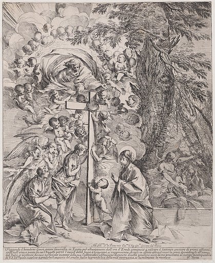 The dream of St Joseph, who is sleeping at the right, the Virgin and Child by a cross surrounded by angels and many putti and with God the Father above
