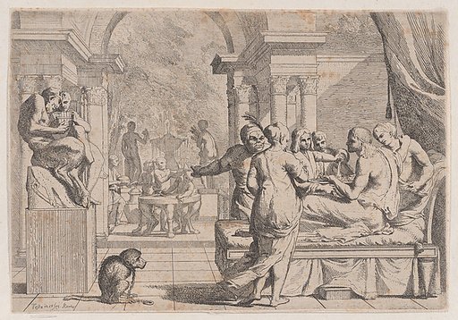 The prodigal son seated on a couch being served wine, revelers in the background, a monkey wearing a collar and chain in the lower left, from a series of four prints
