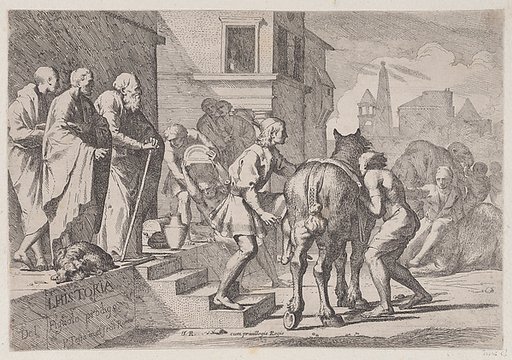 The departure of the prodigal son, shown at about to mount his horse, from a series of four prints
