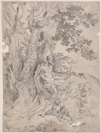 Saint Jerome before a crucifix accompanied by a lion and three putti