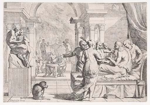 The Prodigal Son Seated on a Couch Being Served Wine, Revelers in the Background, a Monkey Wearing a Collar and Chain in the lower left