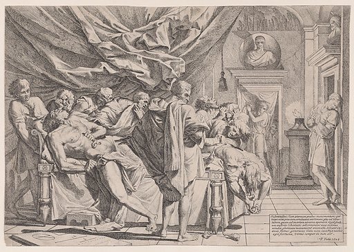 The suicide of the philosopher Cato, who lies on his bed pulling out his innards watched by horrified disciples