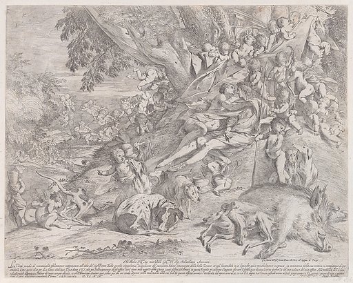 Venus and Adonis, surrounded by many putti, reclining after the hunt, with a dead boar in the lower right