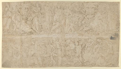 Sheet after Roman relief decorations from objects in the Collection of Cardinal Bruto della Valle: Friezes from Roman Sarcophagi with Dyonisus (verso); Marble Funerary Relief of Lucius Antistius Sarculo and his wife Antistia Plutia (recto)