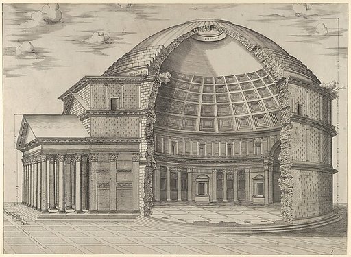 Reconstruction of the Pantheon in Rome, seen from the side, cut away to reveal the interior