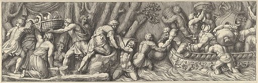 Plate 5: figures unloading goods from a boat at the right