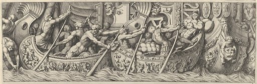 Plate 6: figures in boats decorated with mythological subjects using poles to propel them